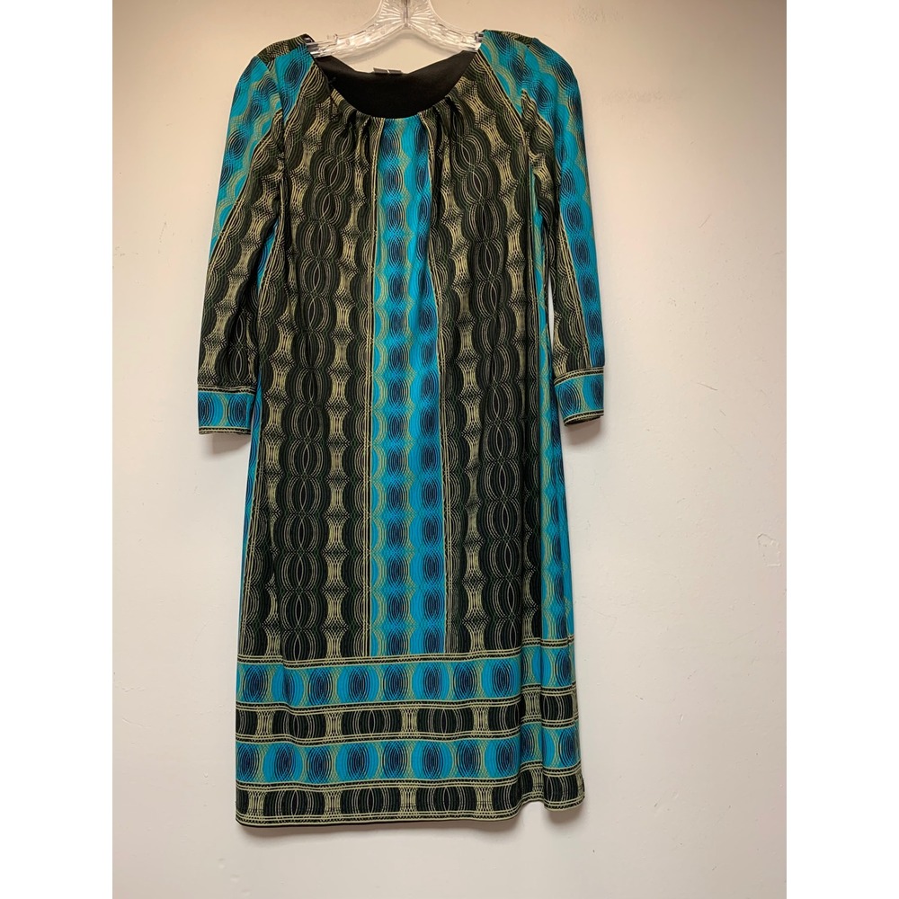 London Times Shift Dress Womens 4 Turquoise Black Medallion Excellent 3/4 Sleeve